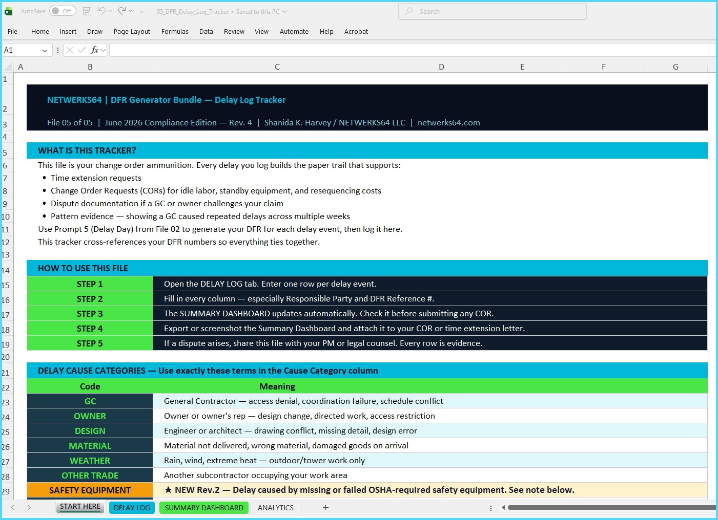 Preview of the DFR Delay Log Tracker spreadsheet — delay cause categories, step-by-step instructions, and an auto-updating summary dashboard